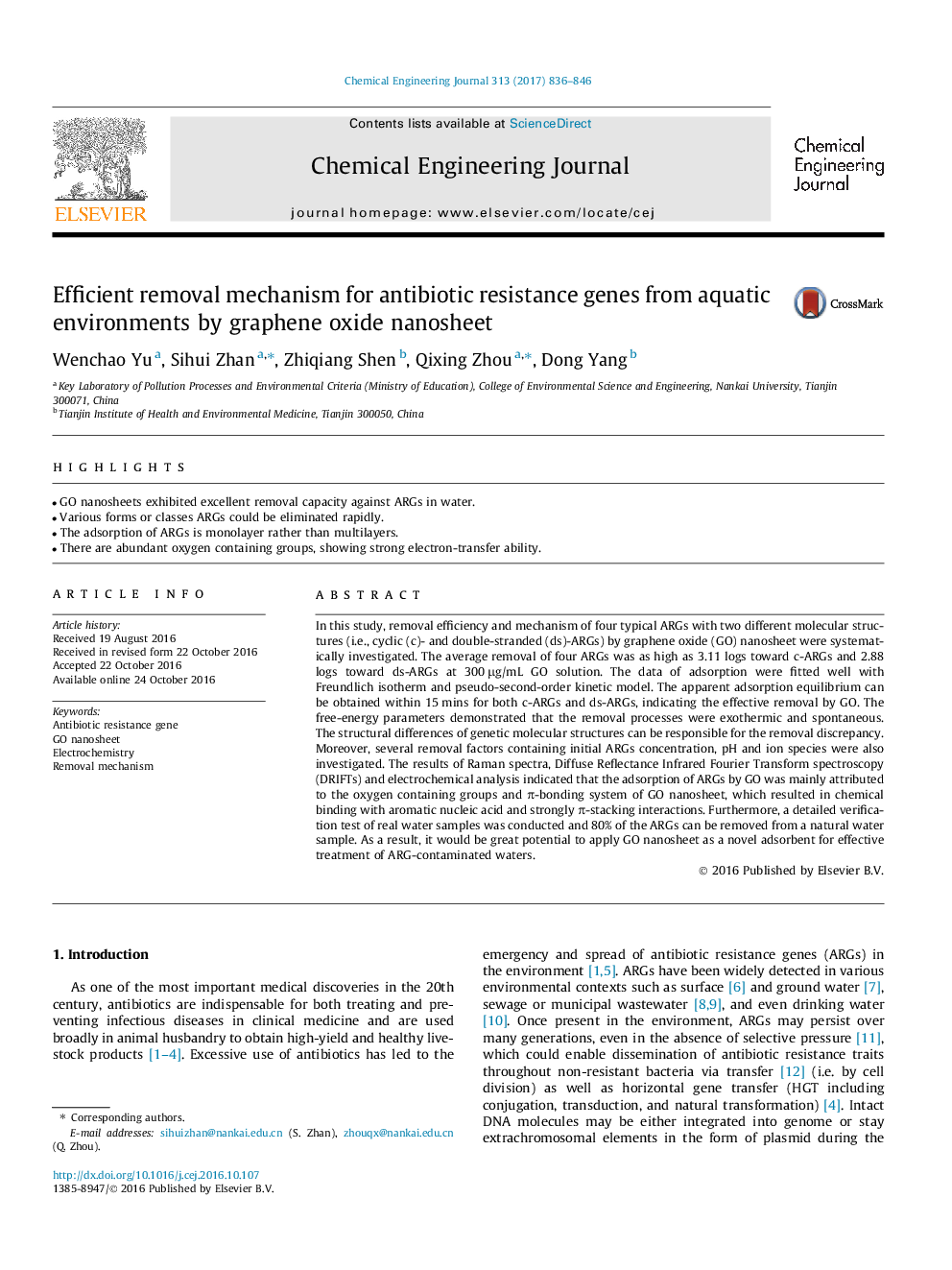 Efficient removal mechanism for antibiotic resistance genes from aquatic environments by graphene oxide nanosheet