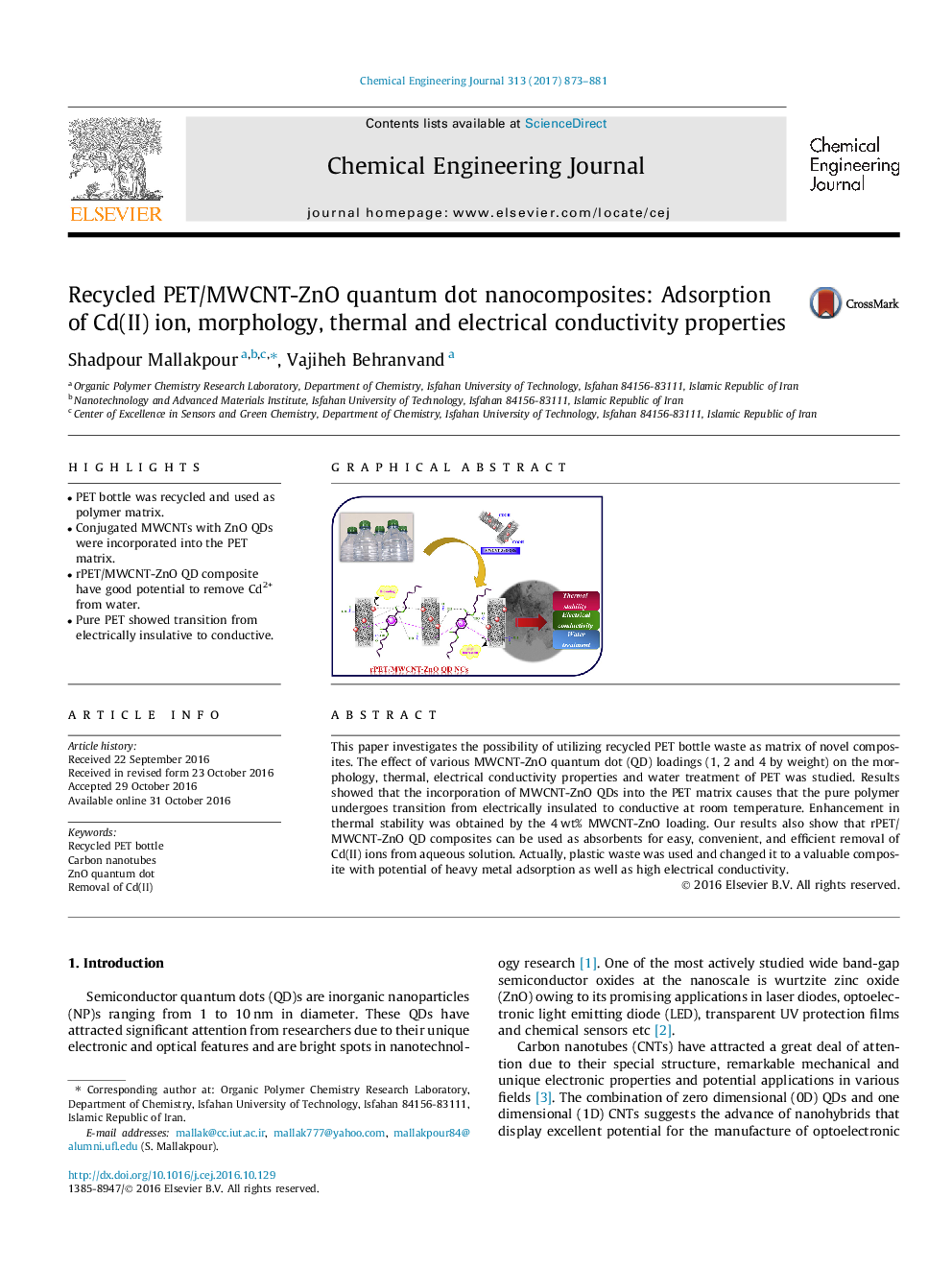 Recycled PET/MWCNT-ZnO quantum dot nanocomposites: Adsorption of Cd(II) ion, morphology, thermal and electrical conductivity properties