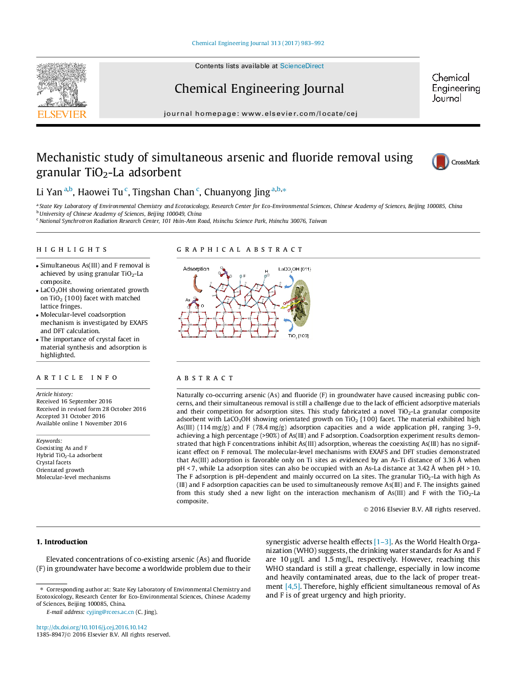 Mechanistic study of simultaneous arsenic and fluoride removal using granular TiO2-La adsorbent