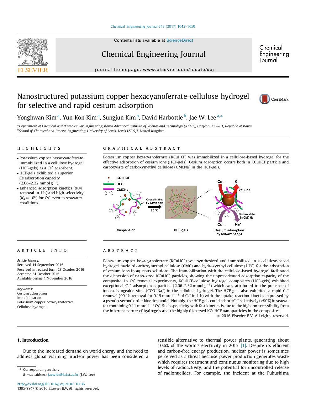 Nanostructured potassium copper hexacyanoferrate-cellulose hydrogel for selective and rapid cesium adsorption