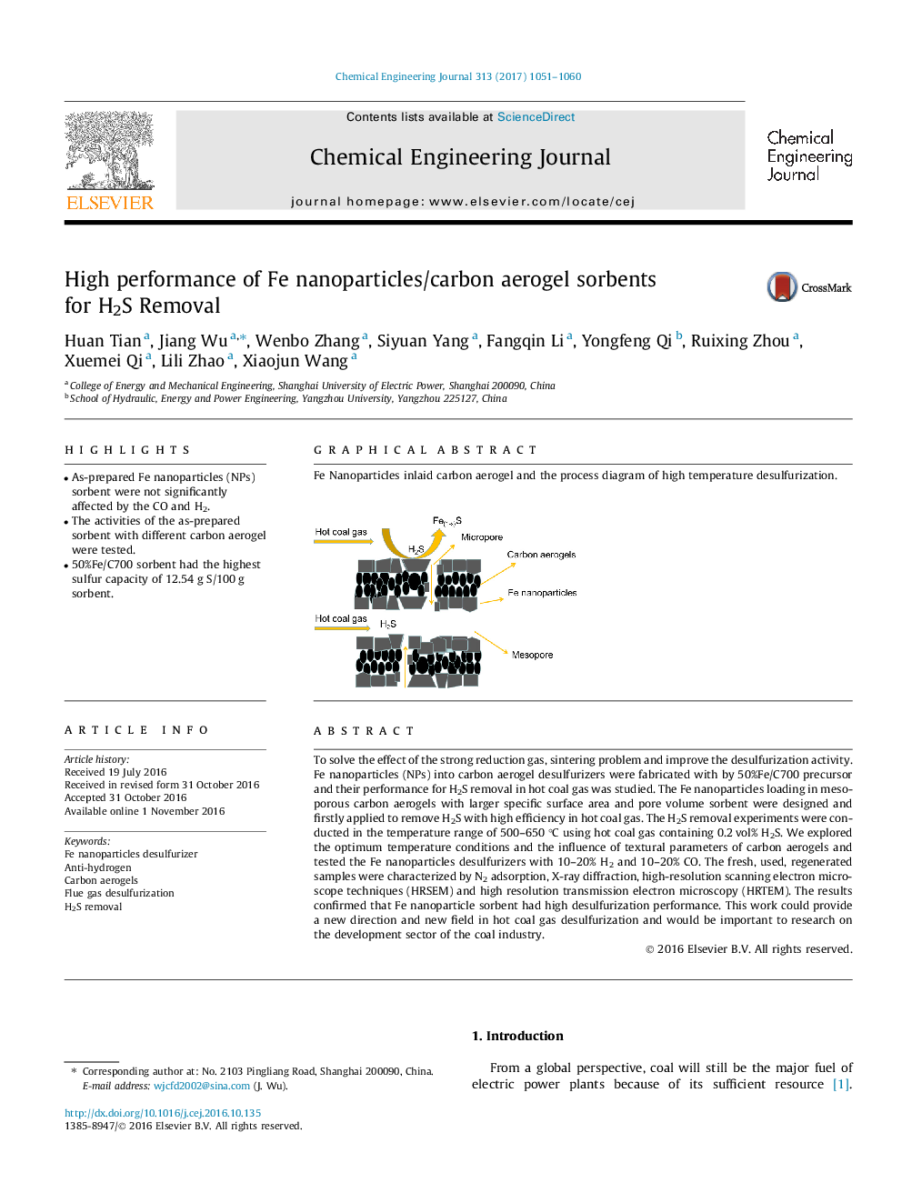 High performance of Fe nanoparticles/carbon aerogel sorbents for H2S Removal