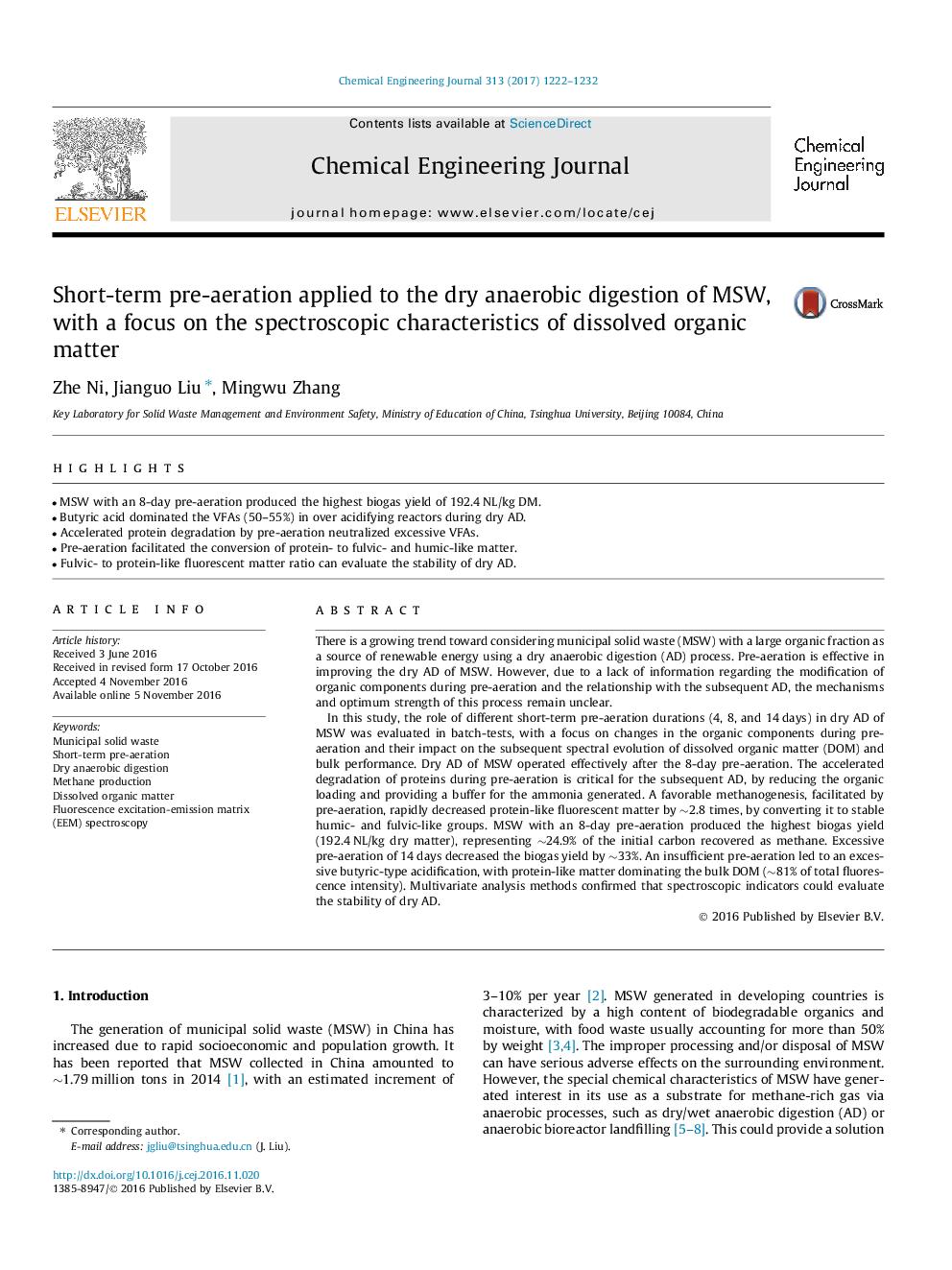 Short-term pre-aeration applied to the dry anaerobic digestion of MSW, with a focus on the spectroscopic characteristics of dissolved organic matter