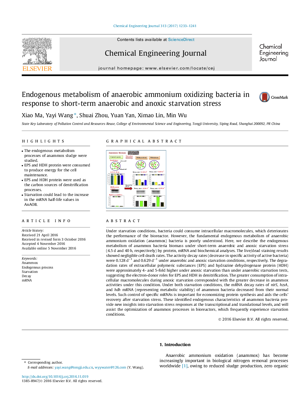 Endogenous metabolism of anaerobic ammonium oxidizing bacteria in response to short-term anaerobic and anoxic starvation stress