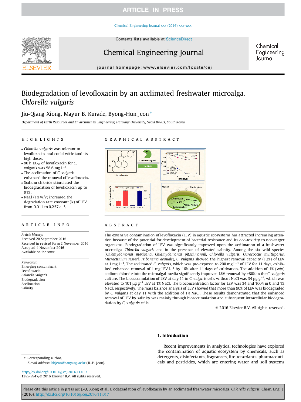 Biodegradation of levofloxacin by an acclimated freshwater microalga, Chlorella vulgaris