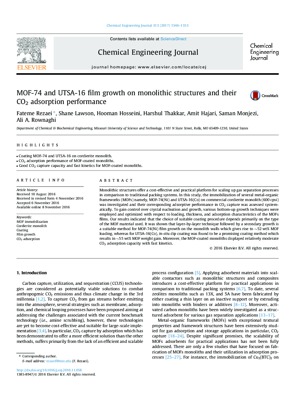 MOF-74 and UTSA-16 film growth on monolithic structures and their CO2 adsorption performance