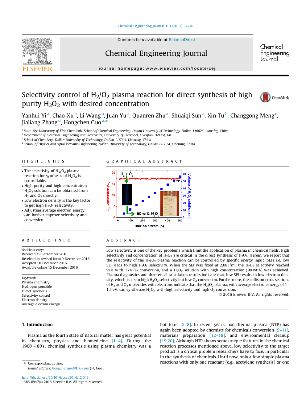 Selectivity control of H2/O2 plasma reaction for direct synthesis of high purity H2O2 with desired concentration