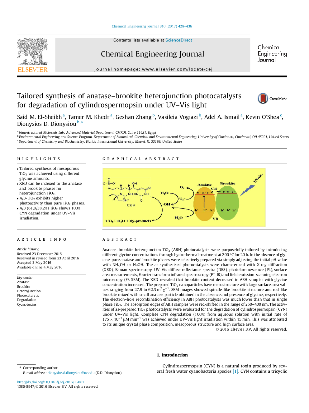 عکس صفحه اول مقاله: Tailored synthesis of anatase–brookite heterojunction photocatalysts for degradation of cylindrospermopsin under UV–Vis light Tailored synthesis of anatase–brookite heterojunction photocatalysts for degradation of cylindrospermopsin under UV–Vis light