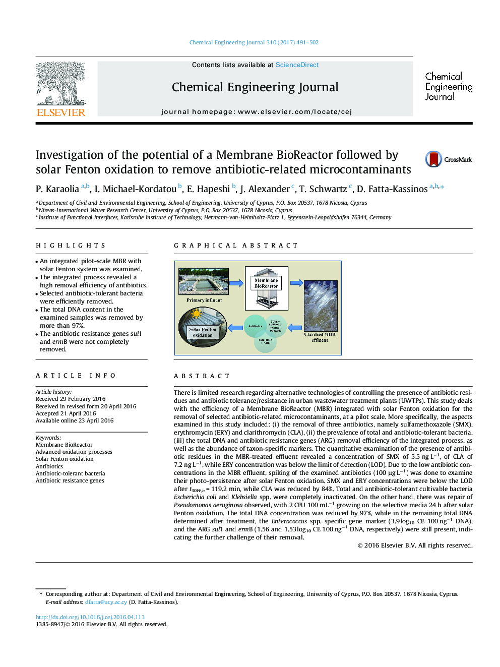 Investigation of the potential of a Membrane BioReactor followed by solar Fenton oxidation to remove antibiotic-related microcontaminants