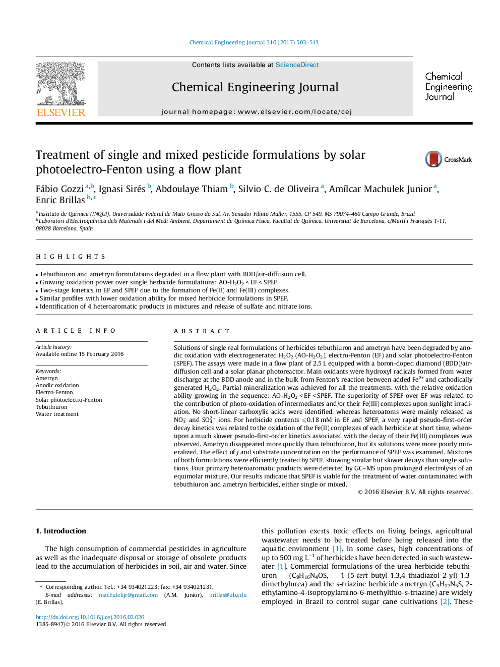 Treatment of single and mixed pesticide formulations by solar photoelectro-Fenton using a flow plant