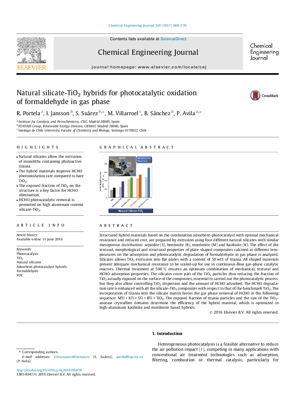 Natural silicate-TiO2 hybrids for photocatalytic oxidation of formaldehyde in gas phase