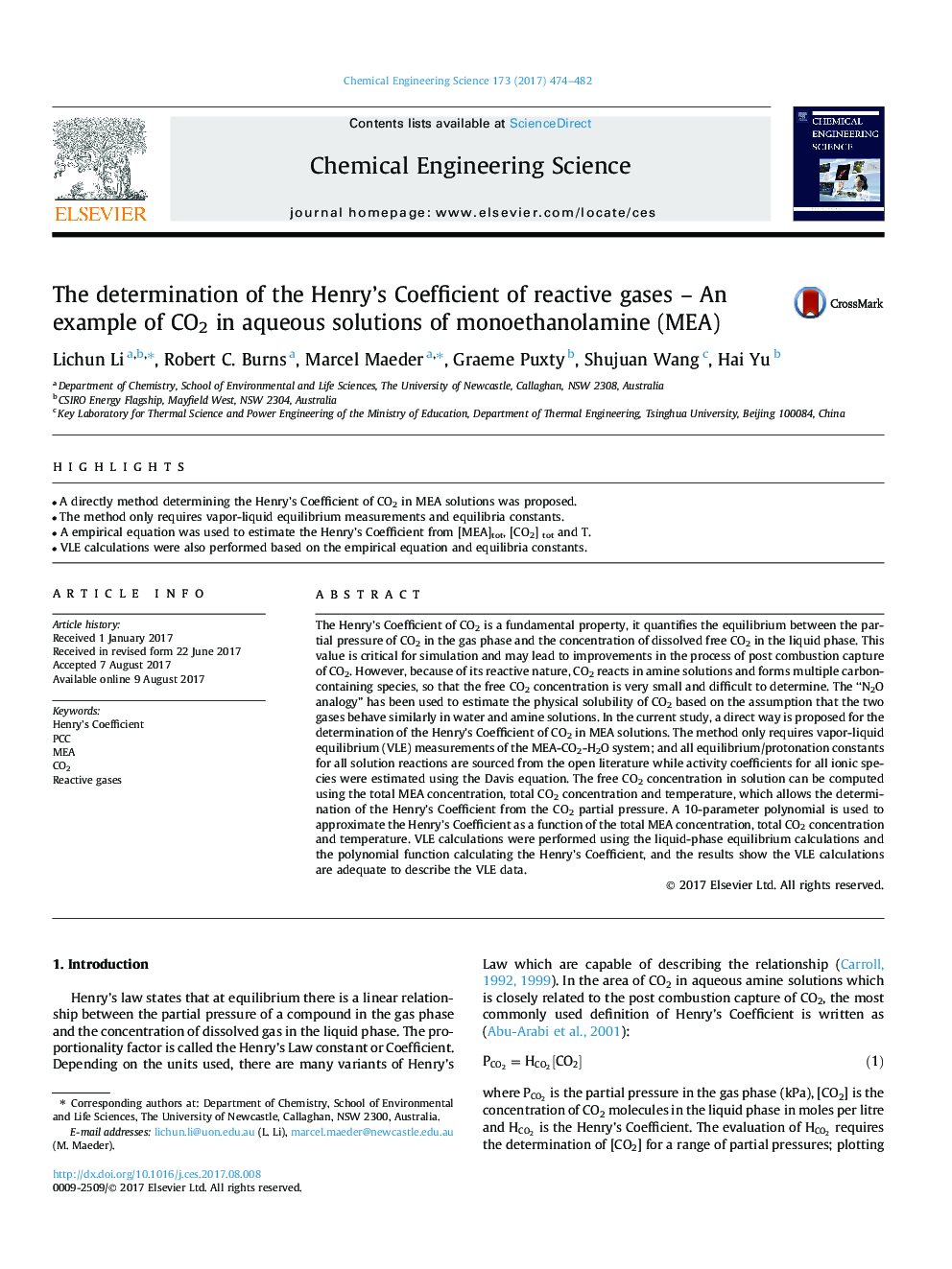 The determination of the Henry's Coefficient of reactive gases - An example of CO2 in aqueous solutions of monoethanolamine (MEA)