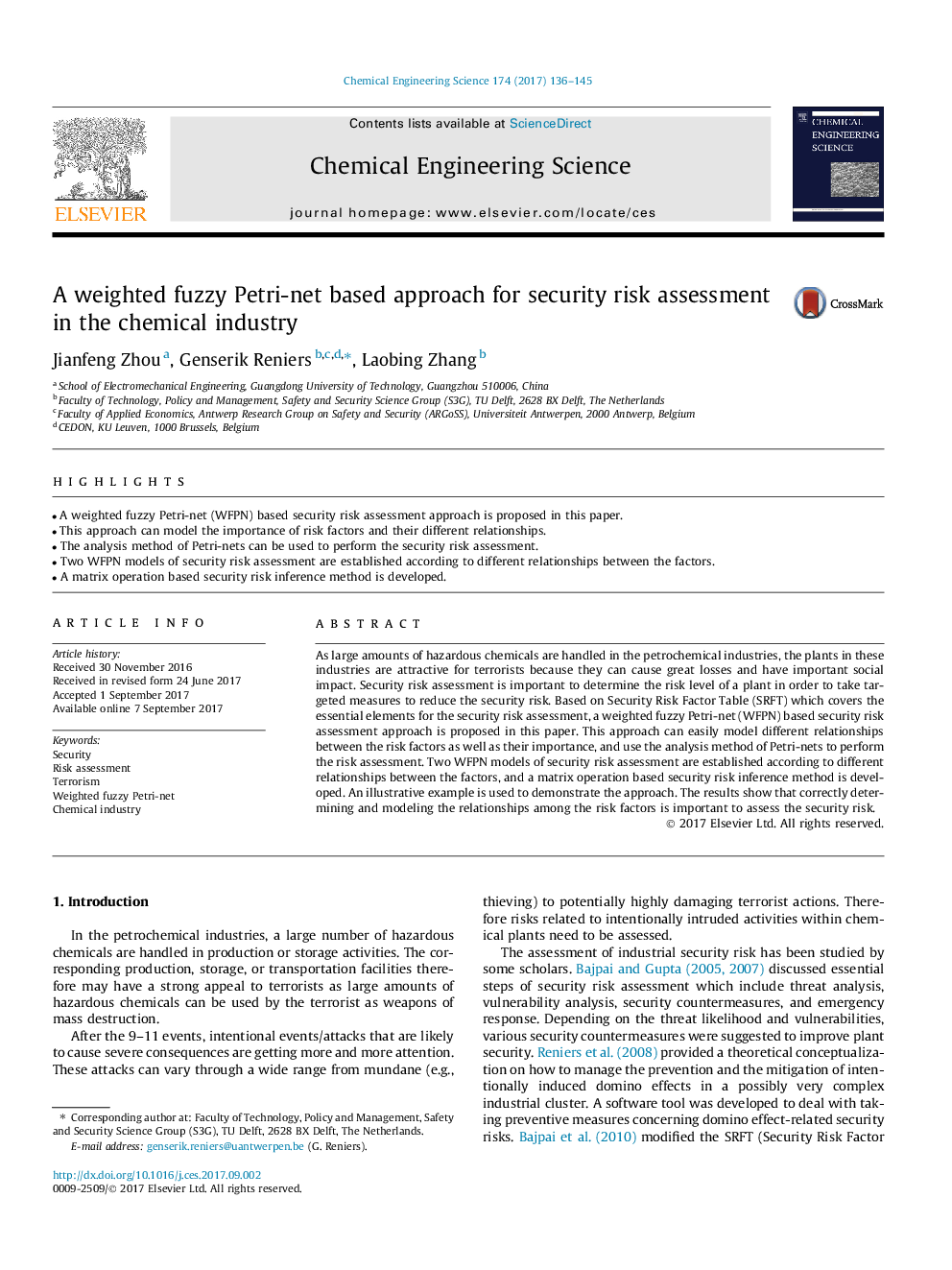 A weighted fuzzy Petri-net based approach for security risk assessment in the chemical industry