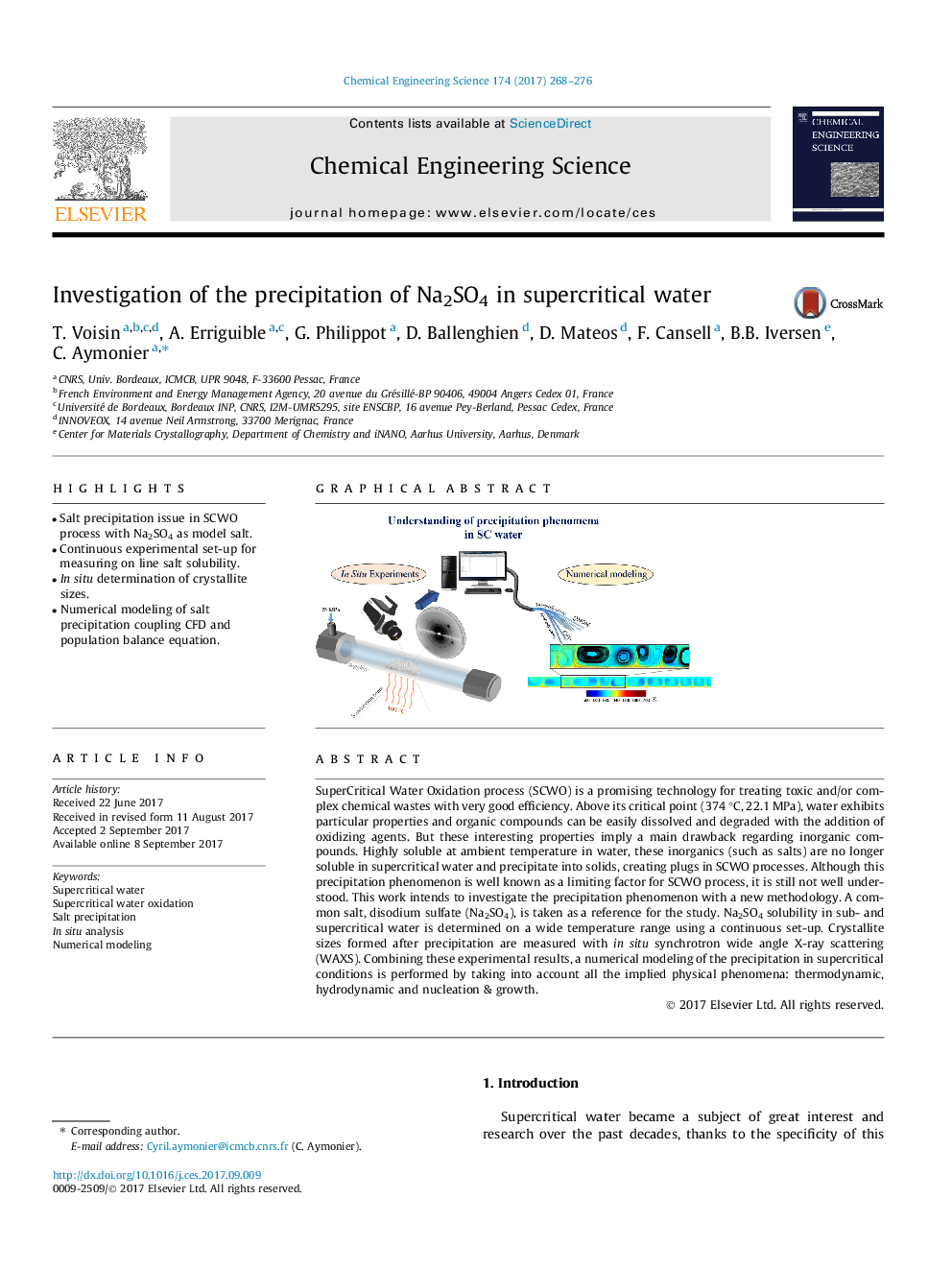 Investigation of the precipitation of Na2SO4 in supercritical water