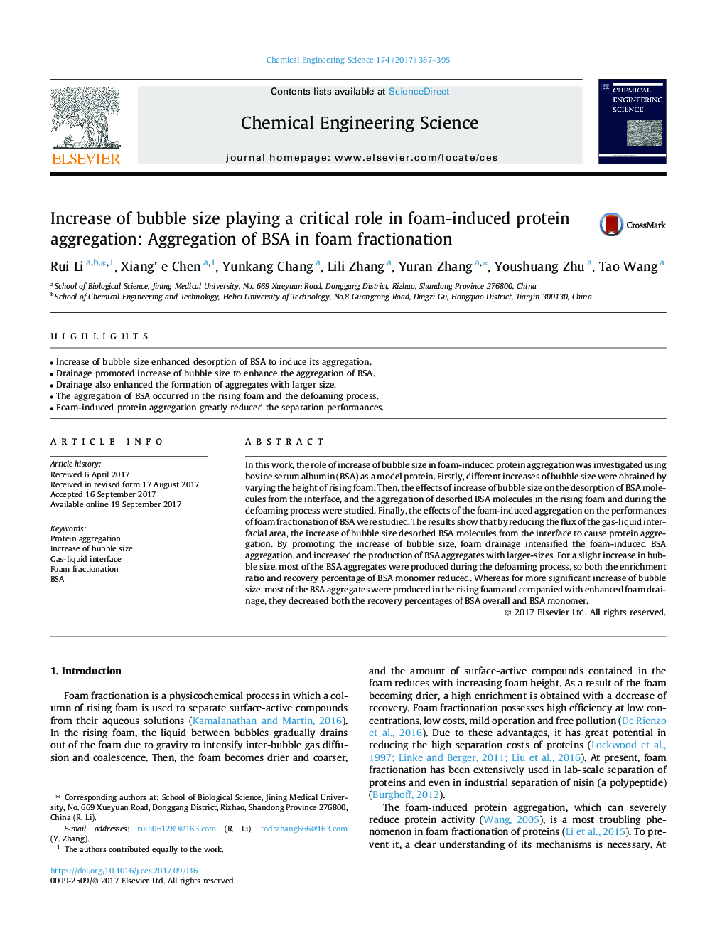 Increase of bubble size playing a critical role in foam-induced protein aggregation: Aggregation of BSA in foam fractionation