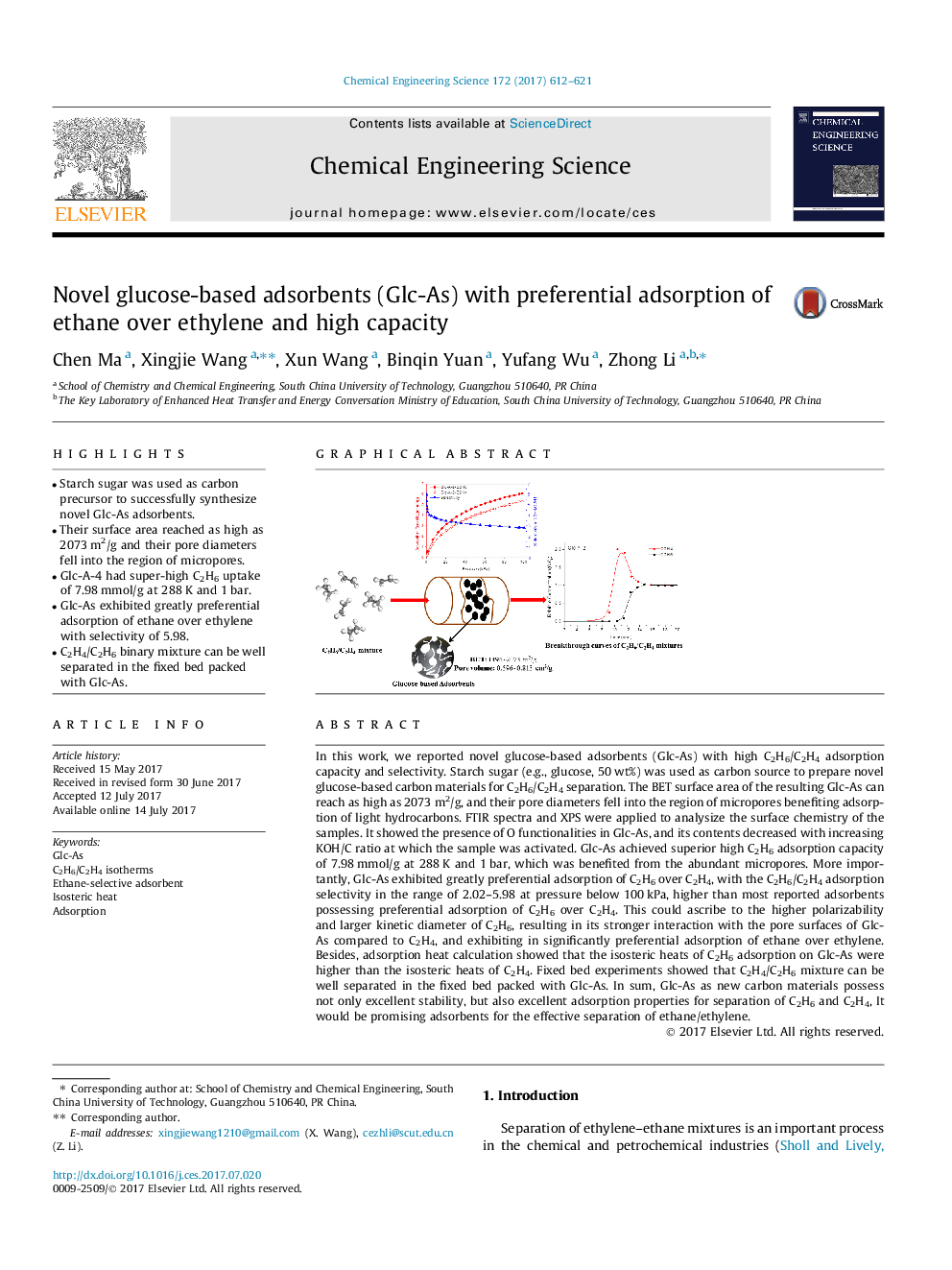 Novel glucose-based adsorbents (Glc-As) with preferential adsorption of ethane over ethylene and high capacity