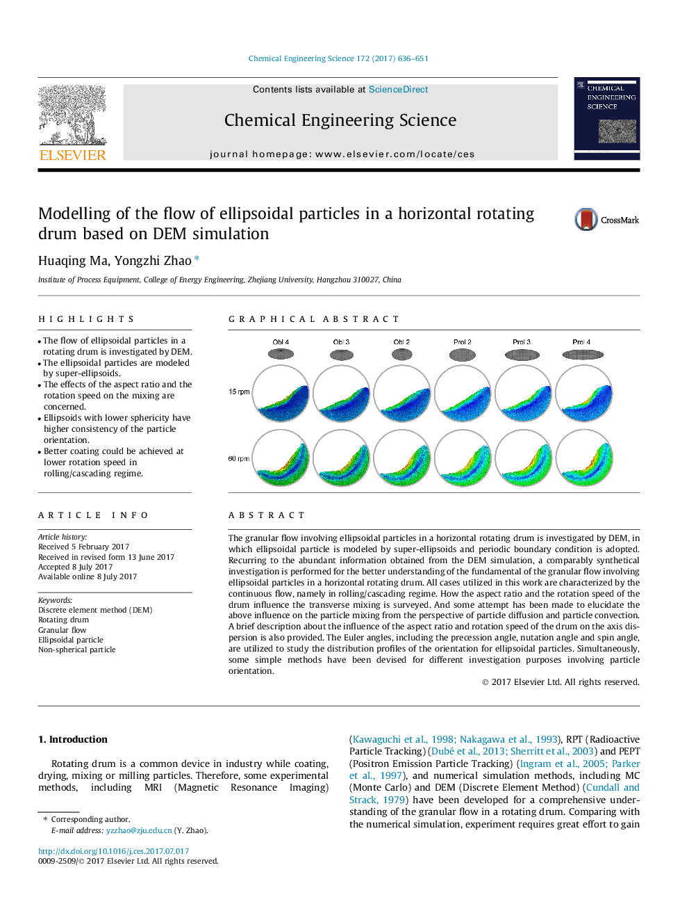 Modelling of the flow of ellipsoidal particles in a horizontal rotating drum based on DEM simulation