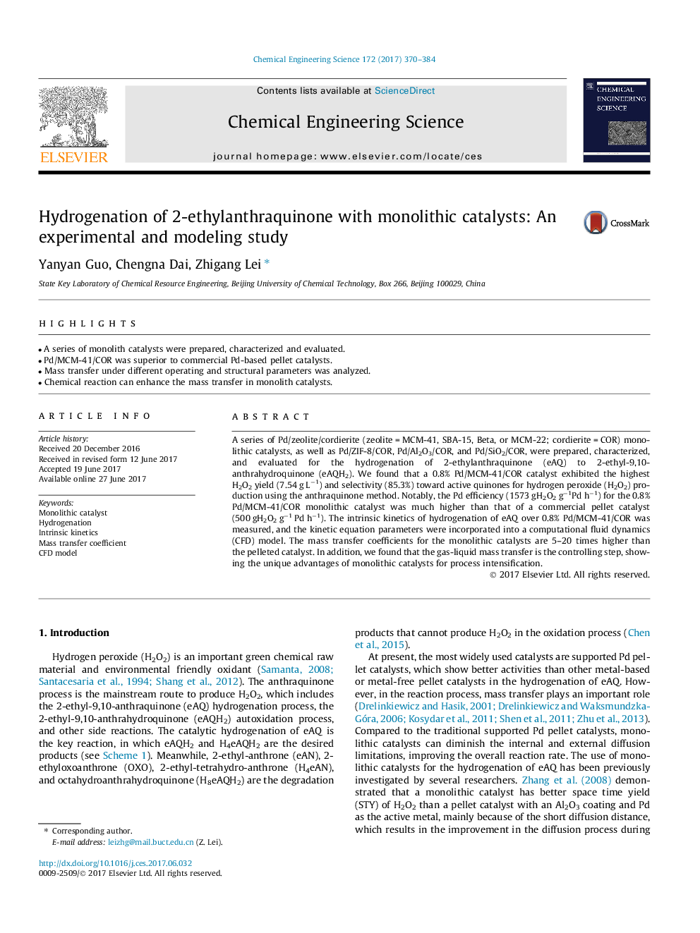 Hydrogenation of 2-ethylanthraquinone with monolithic catalysts: An experimental and modeling study