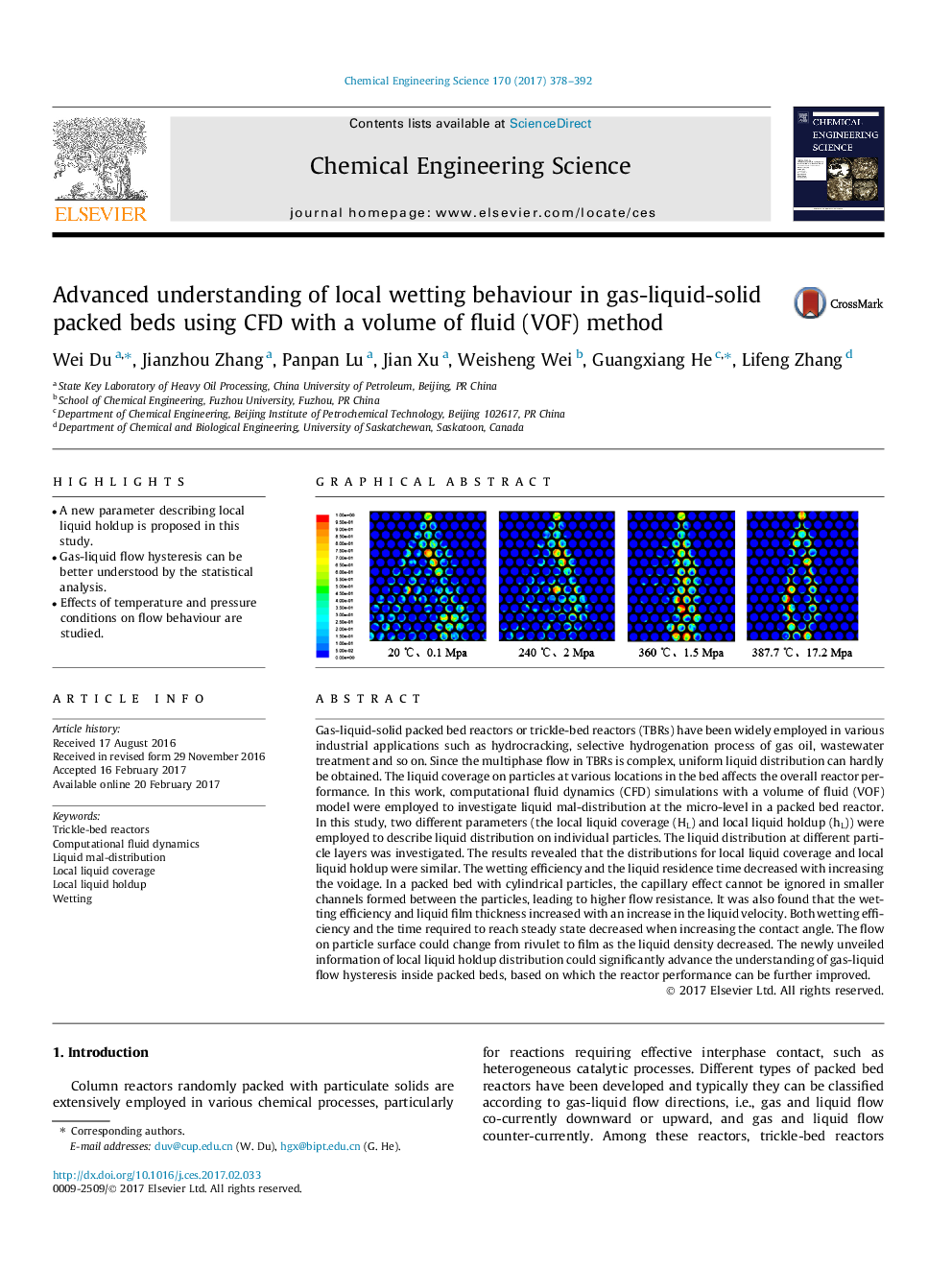 Advanced understanding of local wetting behaviour in gas-liquid-solid packed beds using CFD with a volume of fluid (VOF) method