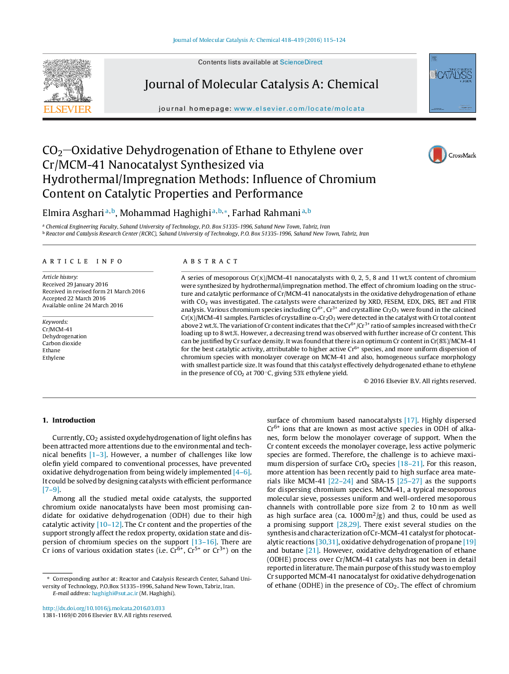 CO2Oxidative Dehydrogenation of Ethane to Ethylene over Cr/MCM-41 Nanocatalyst Synthesized via Hydrothermal/Impregnation Methods: Influence of Chromium Content on Catalytic Properties and Performance