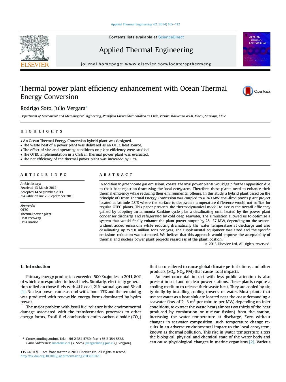 Thermal power plant efficiency enhancement with Ocean Thermal Energy Conversion