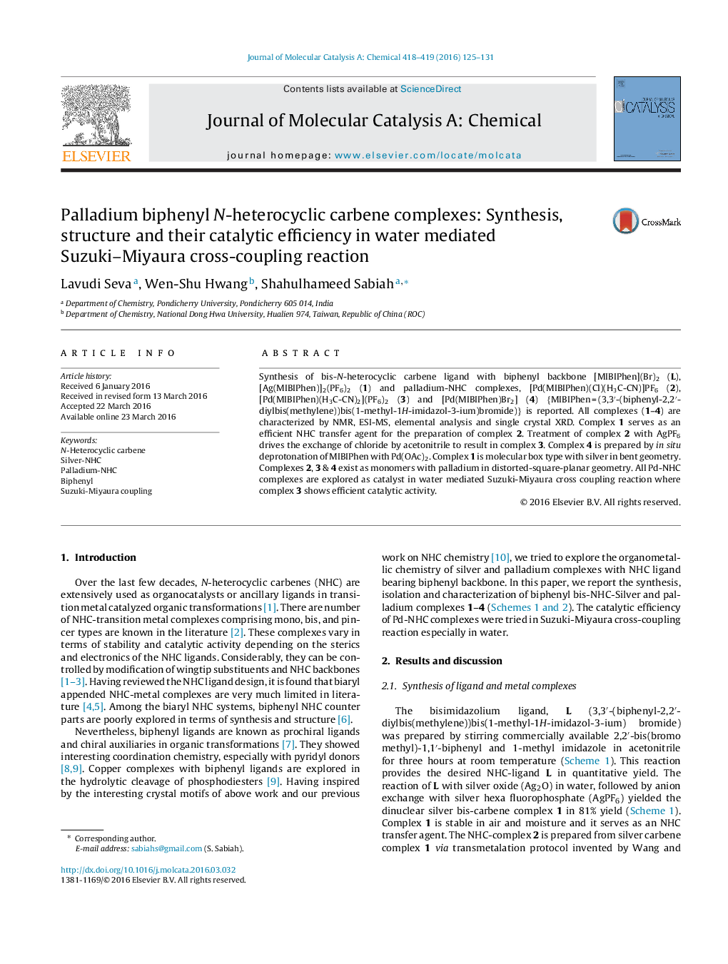 Palladium biphenyl N-heterocyclic carbene complexes: Synthesis, structure and their catalytic efficiency in water mediated Suzuki–Miyaura cross-coupling reaction