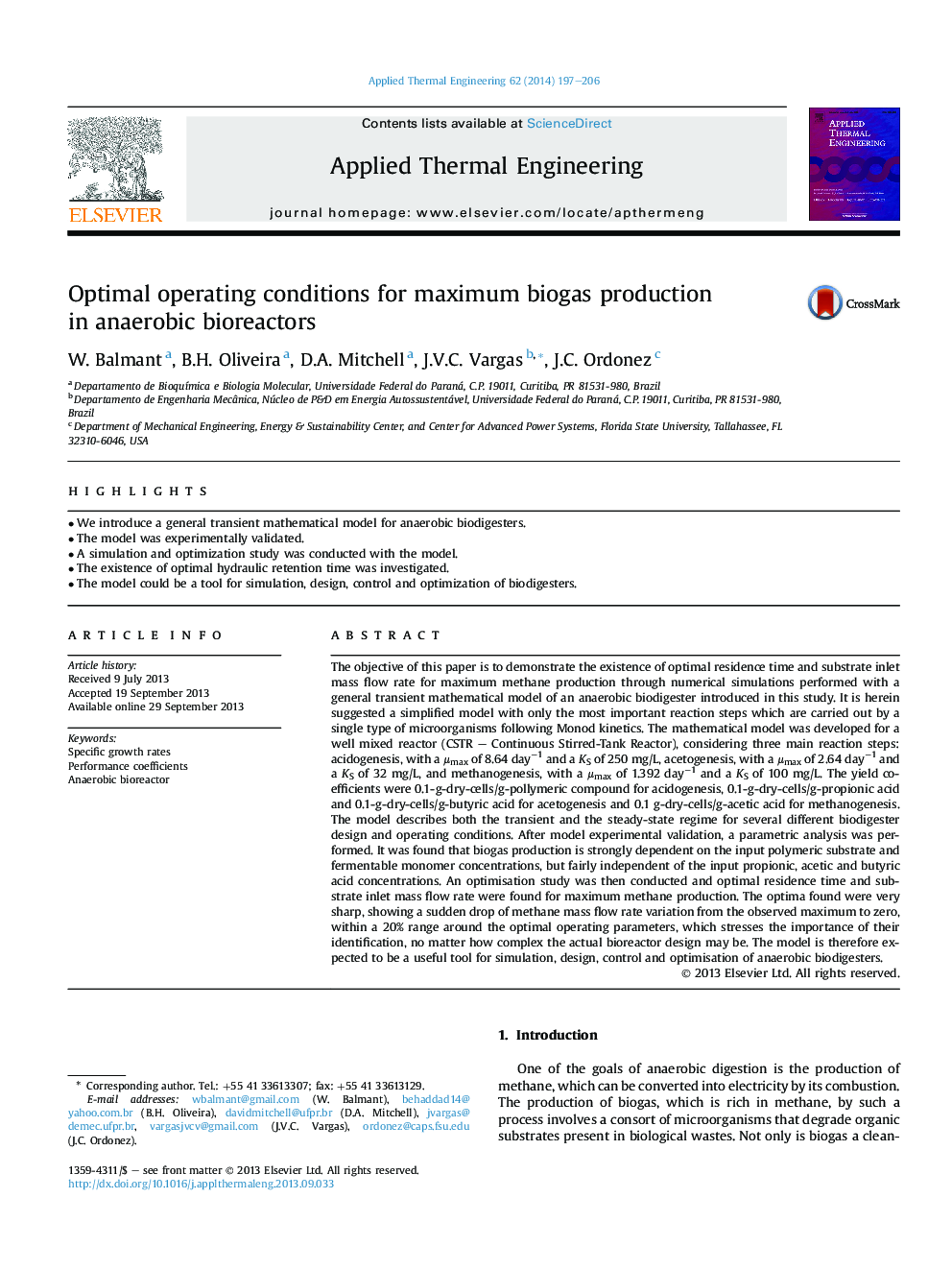 Optimal operating conditions for maximum biogas production in anaerobic bioreactors