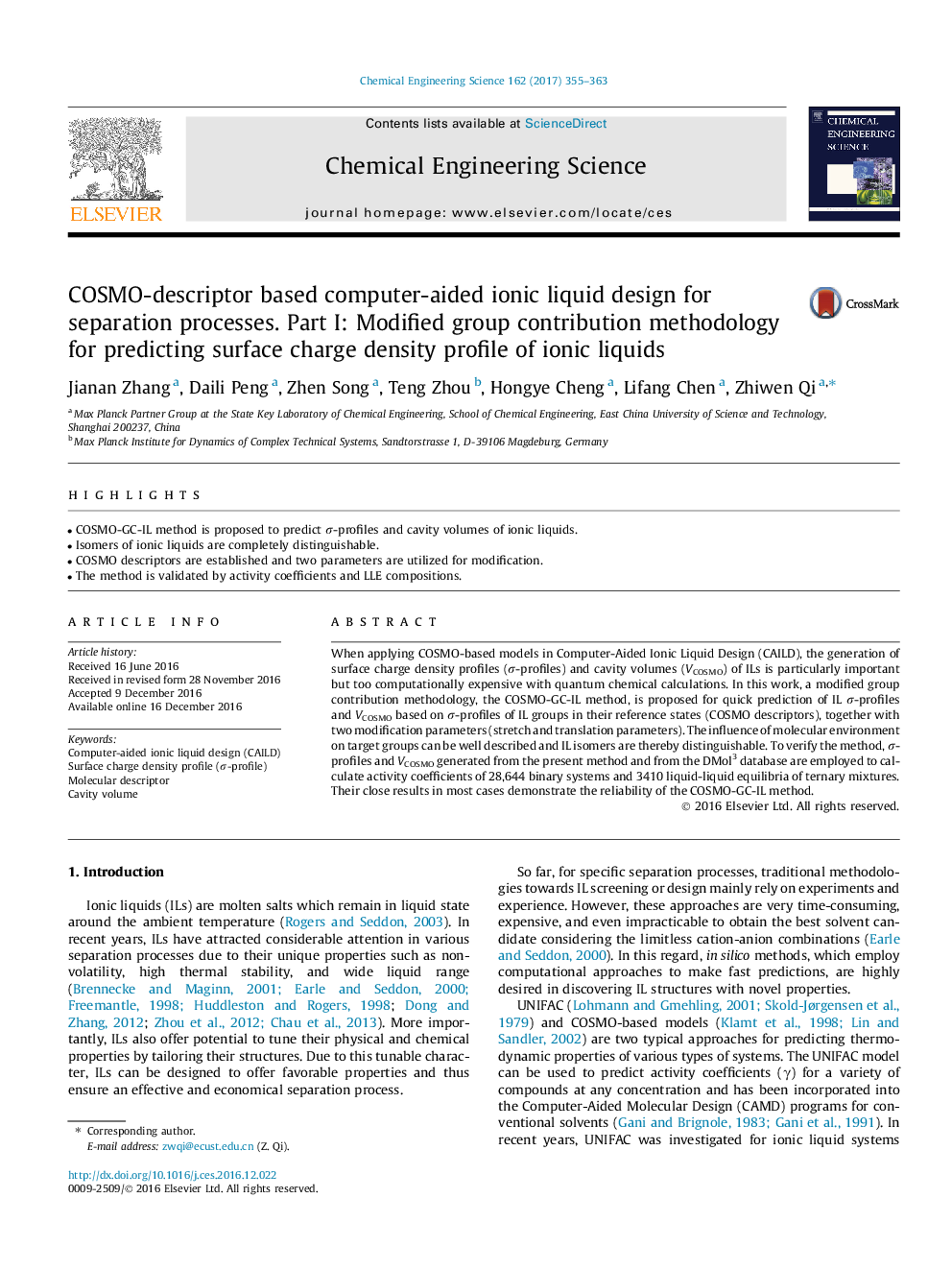 COSMO-descriptor based computer-aided ionic liquid design for separation processes. Part I: Modified group contribution methodology for predicting surface charge density profile of ionic liquids