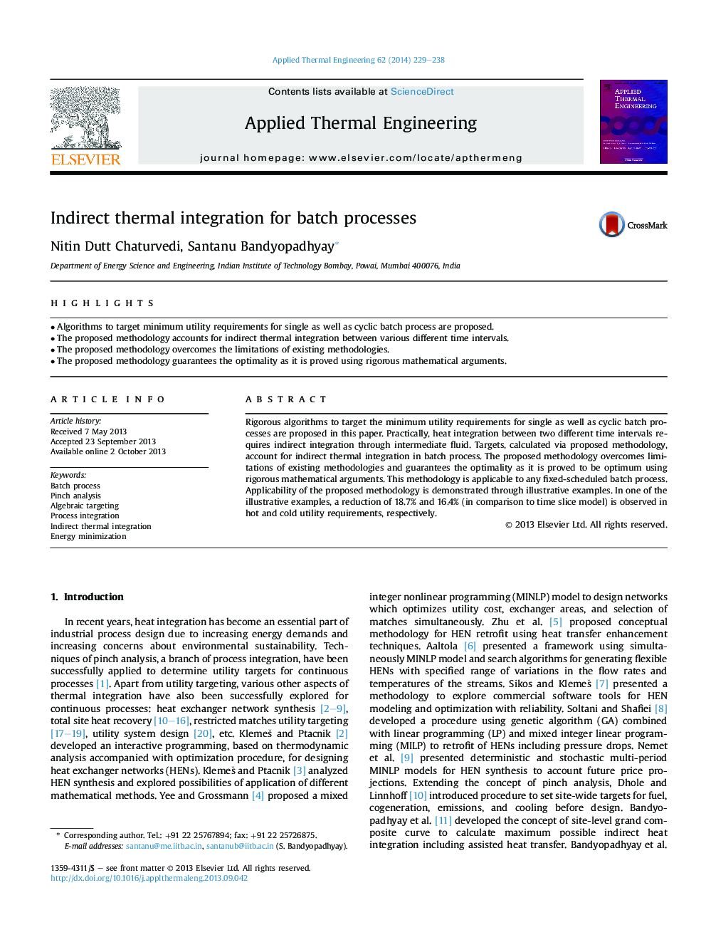 Indirect thermal integration for batch processes