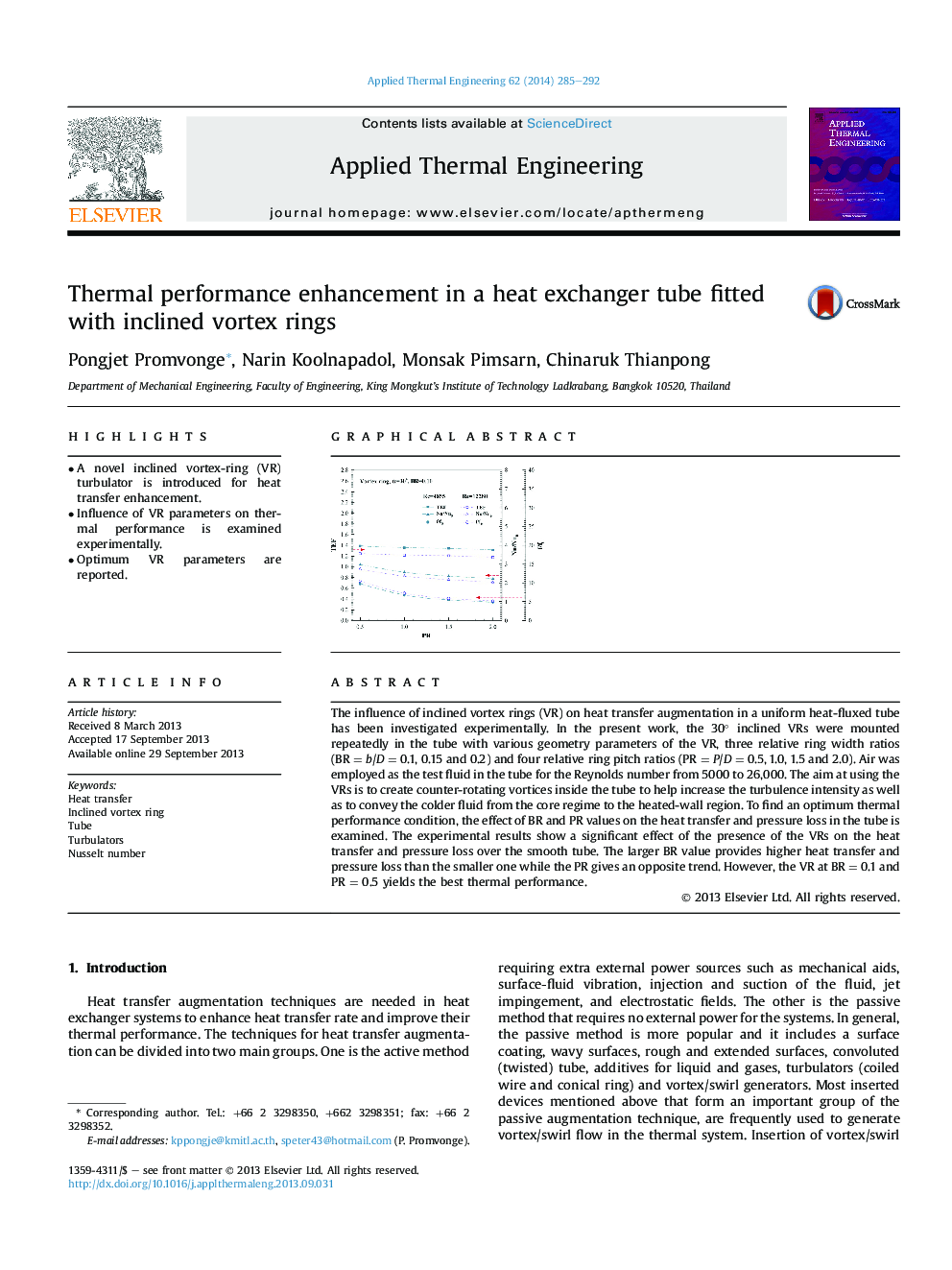 Thermal performance enhancement in a heat exchanger tube fitted with inclined vortex rings