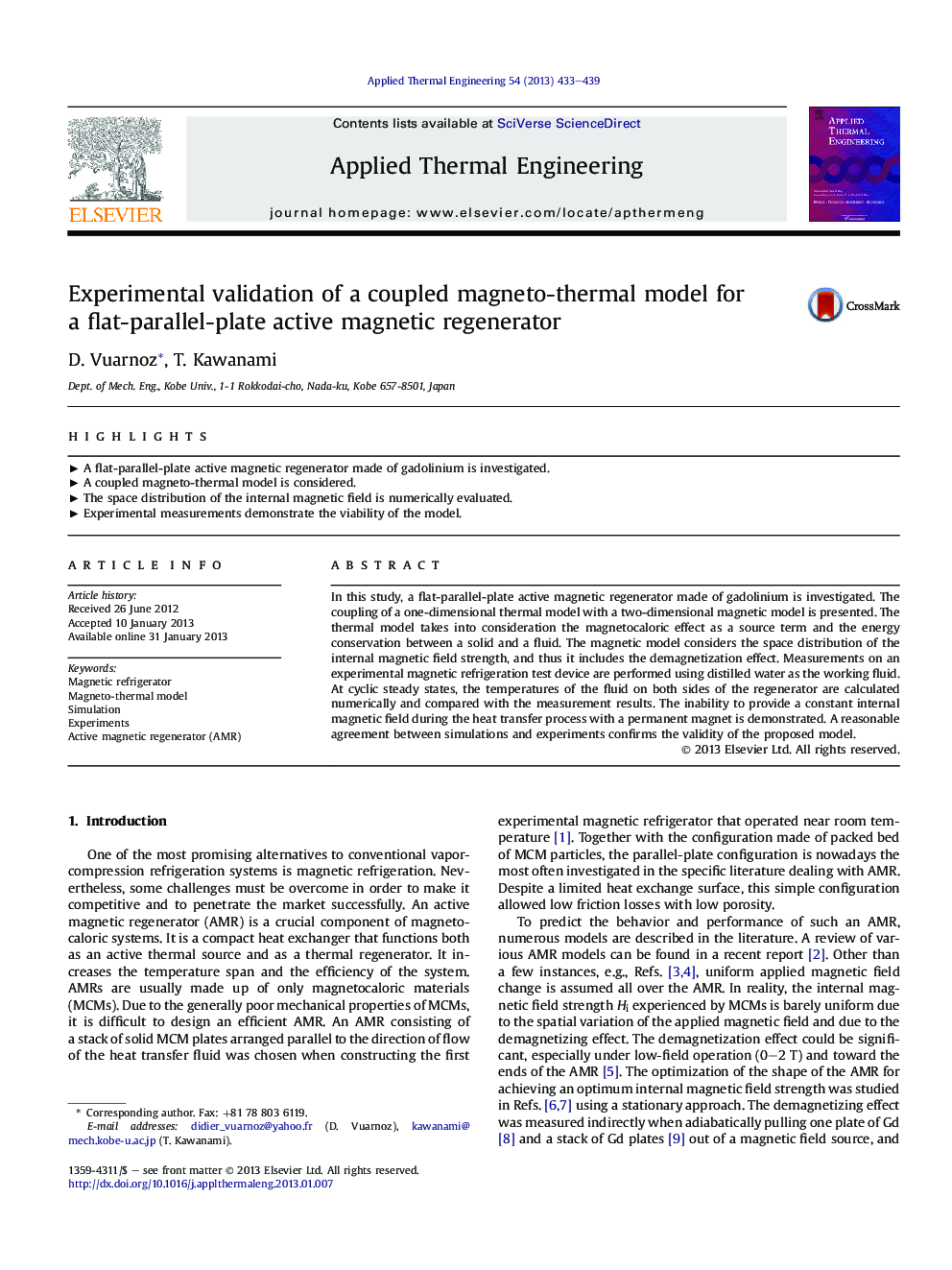 Experimental validation of a coupled magneto-thermal model for a flat-parallel-plate active magnetic regenerator