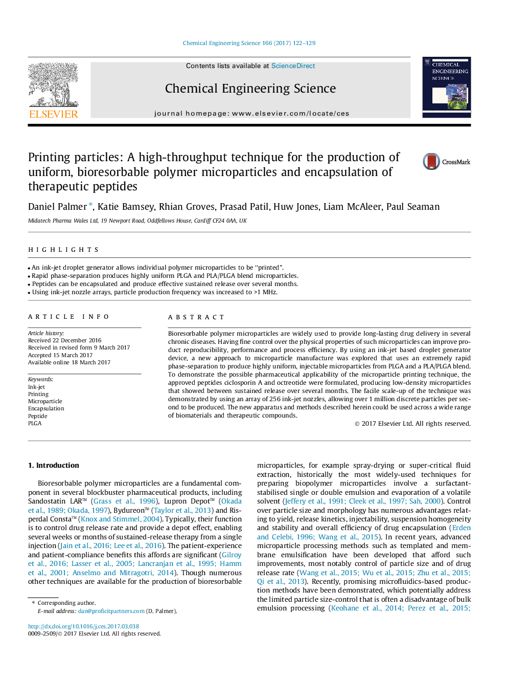 Printing particles: A high-throughput technique for the production of uniform, bioresorbable polymer microparticles and encapsulation of therapeutic peptides