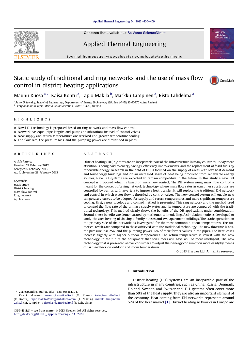 Static study of traditional and ring networks and the use of mass flow control in district heating applications