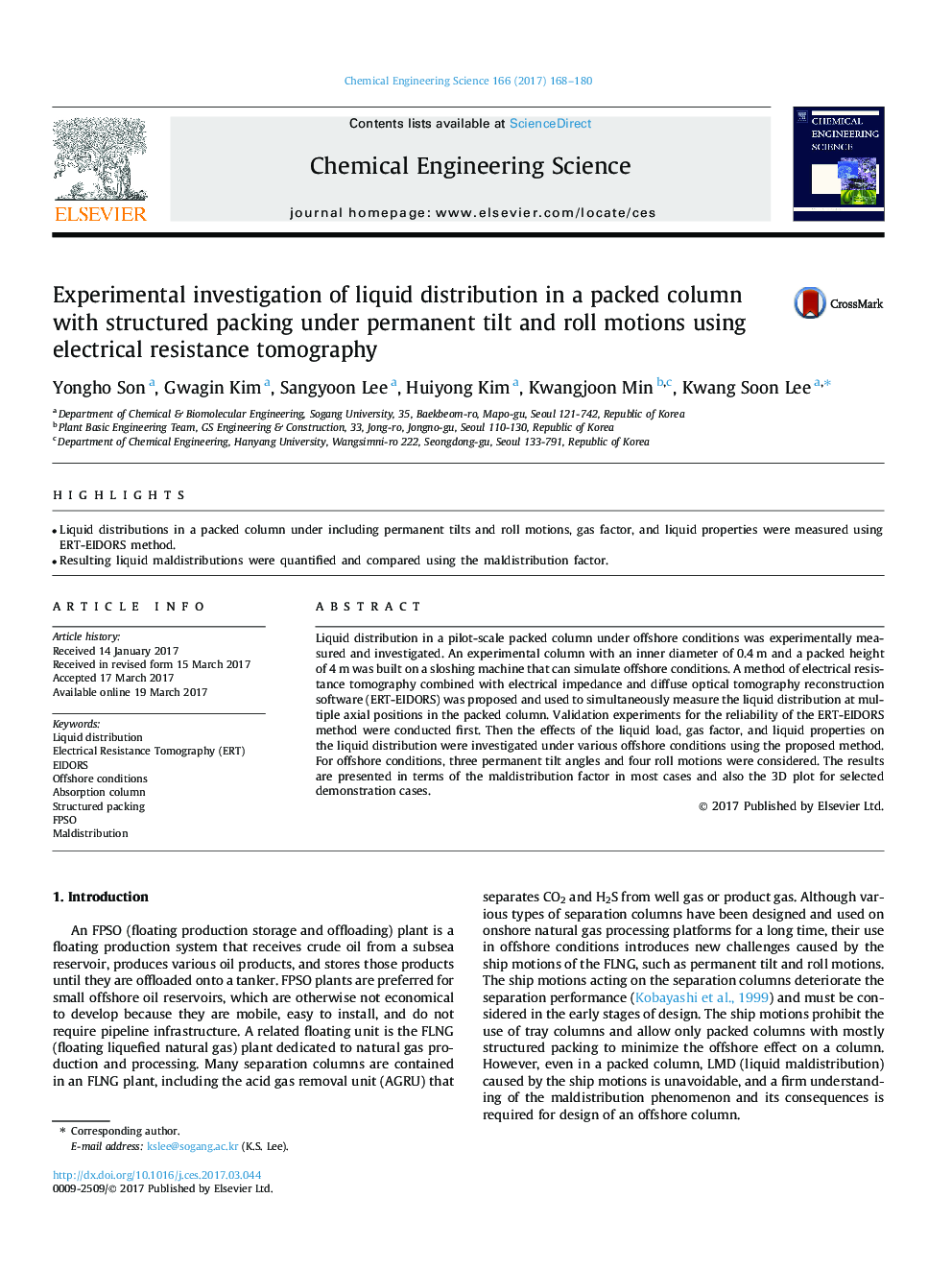 Experimental investigation of liquid distribution in a packed column with structured packing under permanent tilt and roll motions using electrical resistance tomography