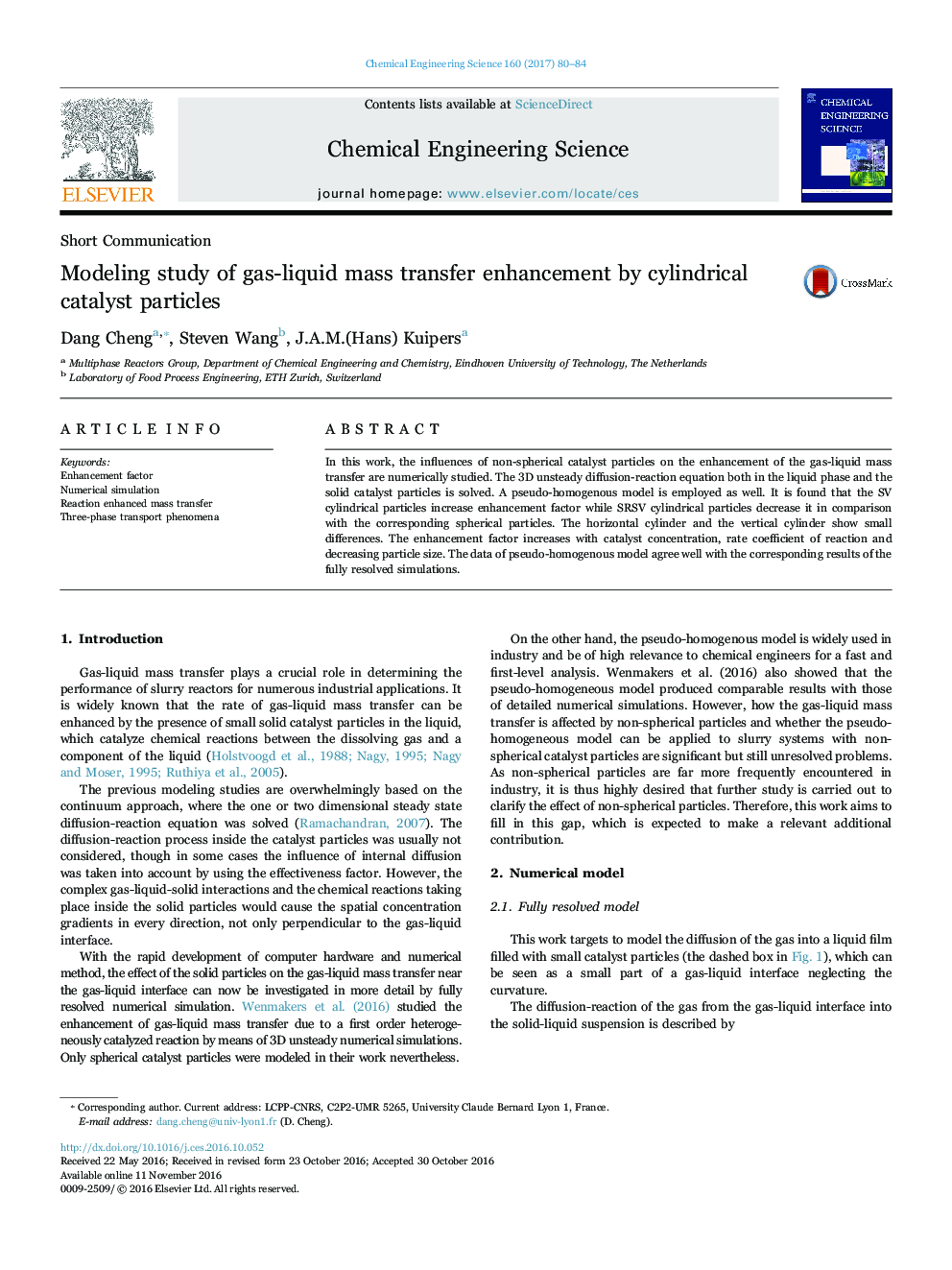 Modeling study of gas-liquid mass transfer enhancement by cylindrical catalyst particles