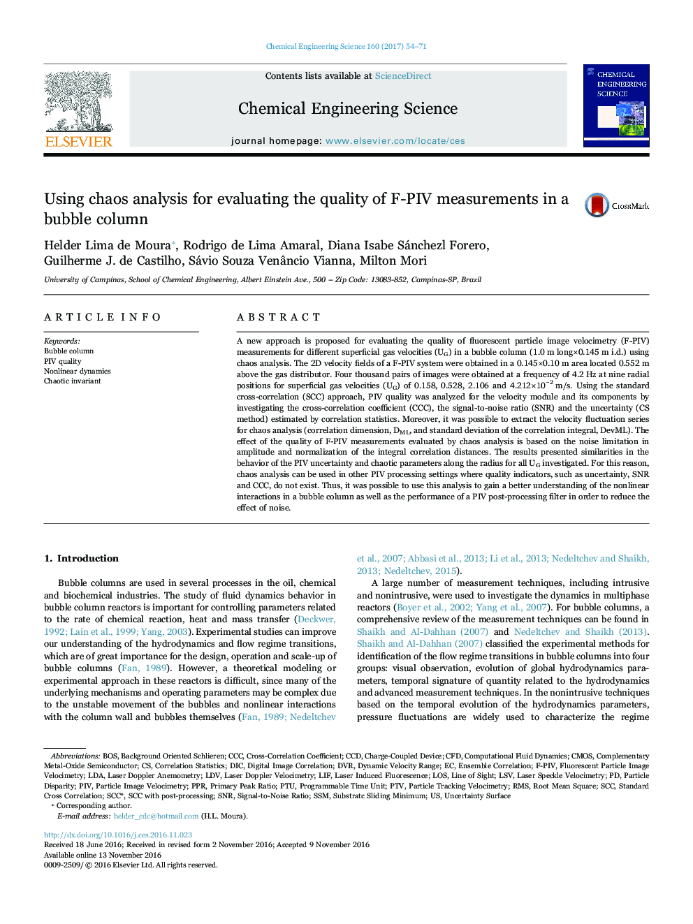 Using chaos analysis for evaluating the quality of F-PIV measurements in a bubble column