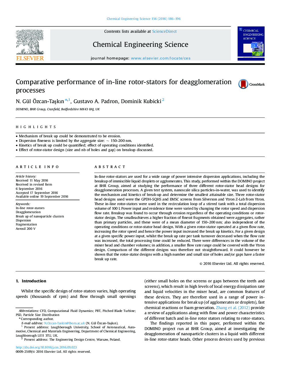 Comparative performance of in-line rotor-stators for deagglomeration processes