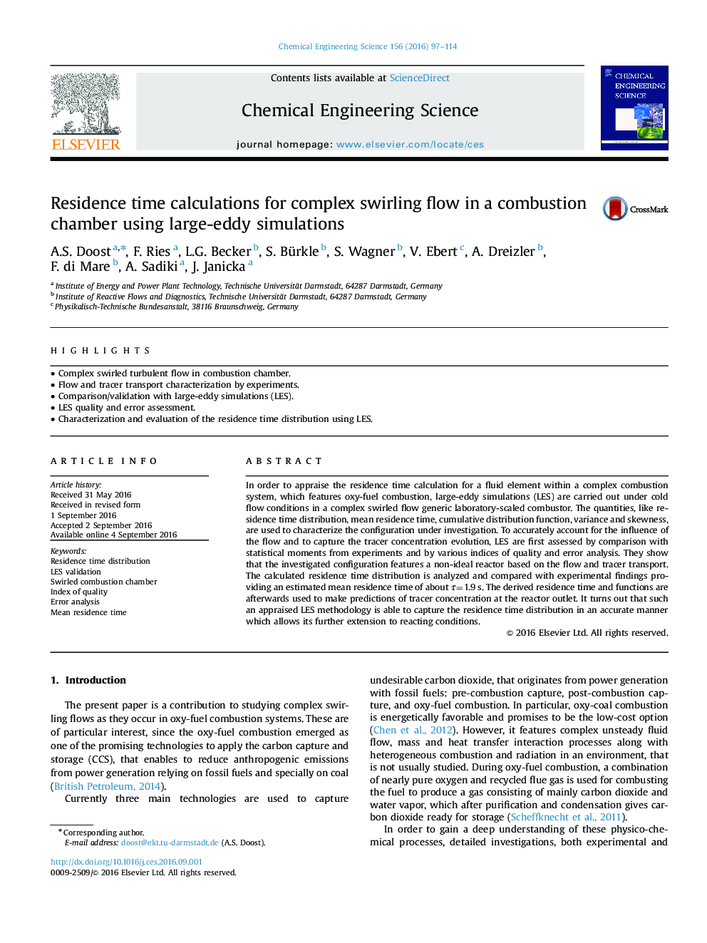 Residence time calculations for complex swirling flow in a combustion chamber using large-eddy simulations