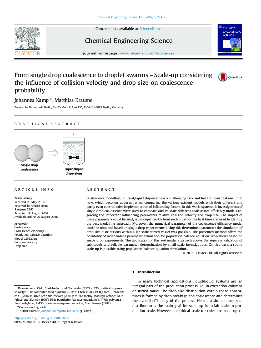 From single drop coalescence to droplet swarms - Scale-up considering the influence of collision velocity and drop size on coalescence probability