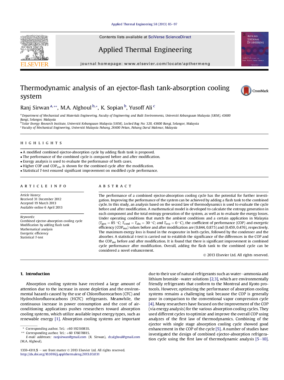 Thermodynamic analysis of an ejector-flash tank-absorption cooling system