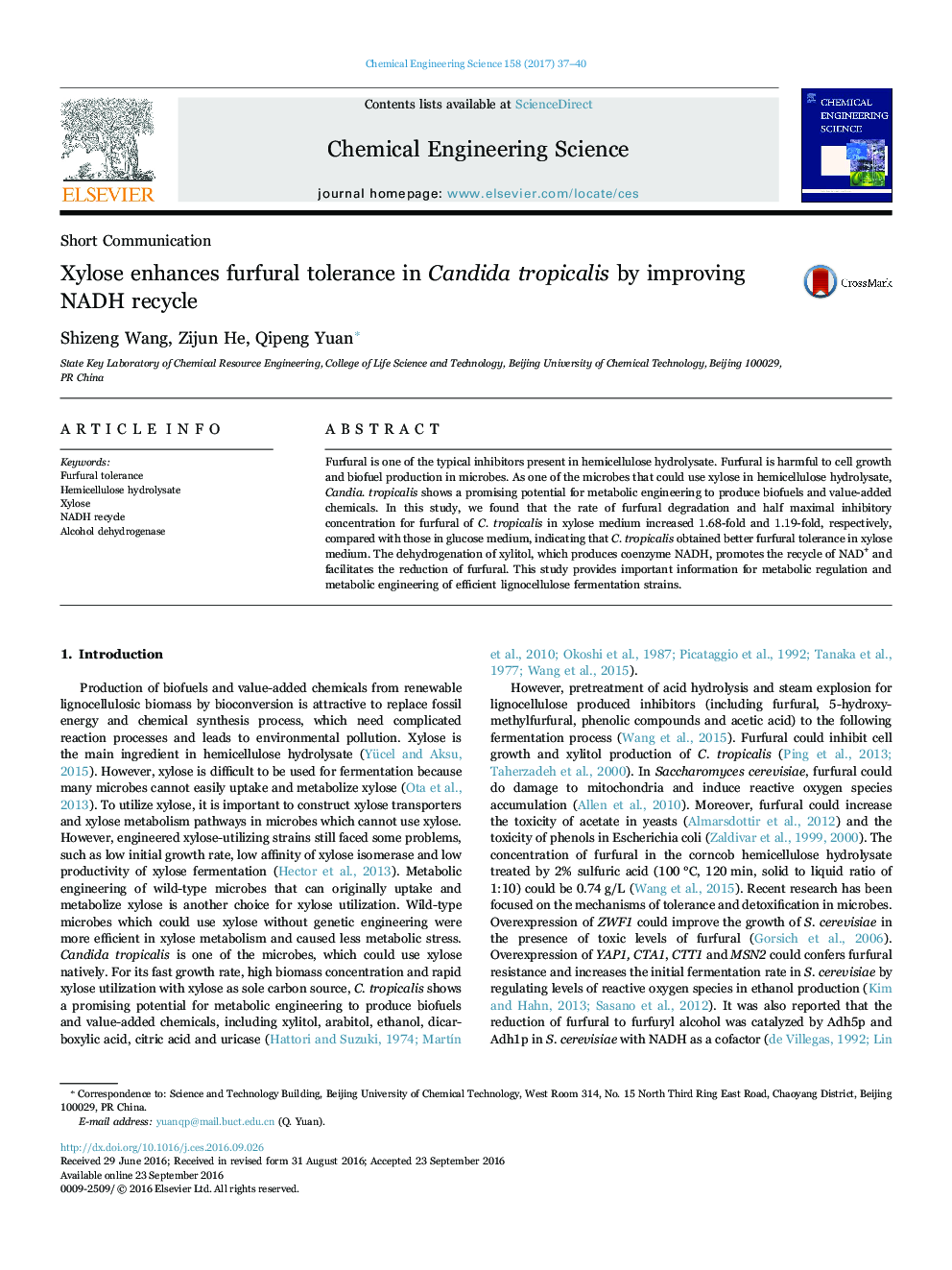 Xylose enhances furfural tolerance in Candida tropicalis by improving NADH recycle