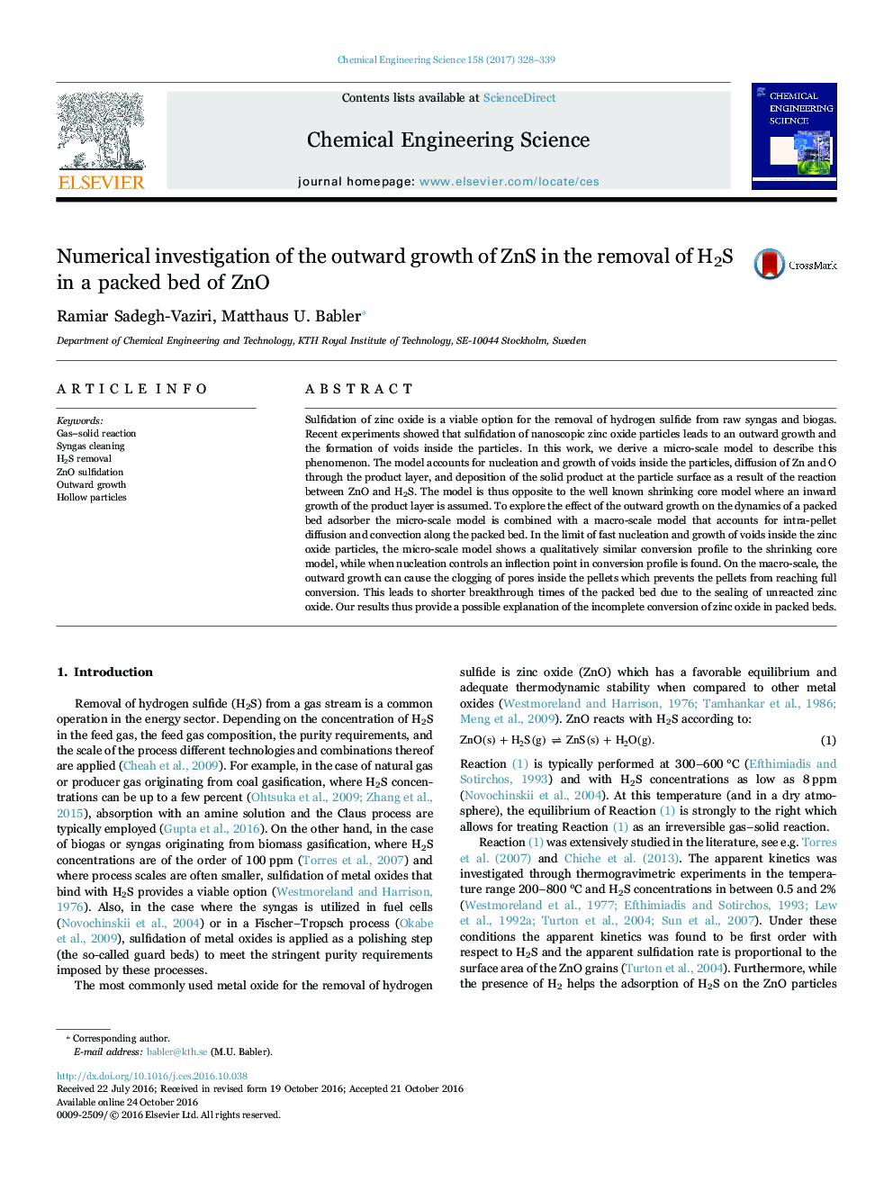 Numerical investigation of the outward growth of ZnS in the removal of H2S in a packed bed of ZnO