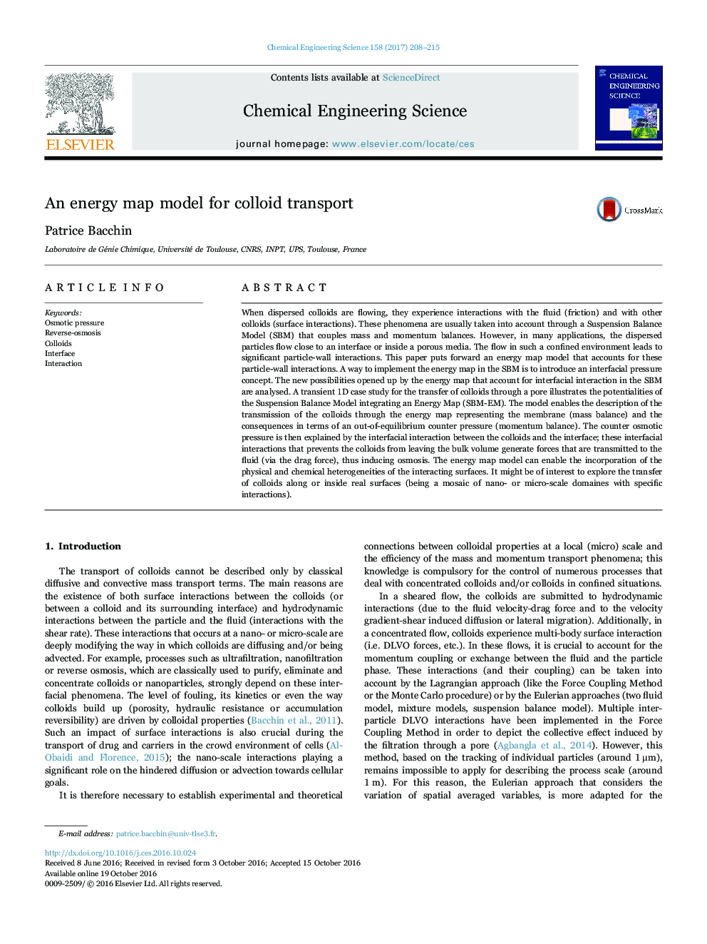 An energy map model for colloid transport