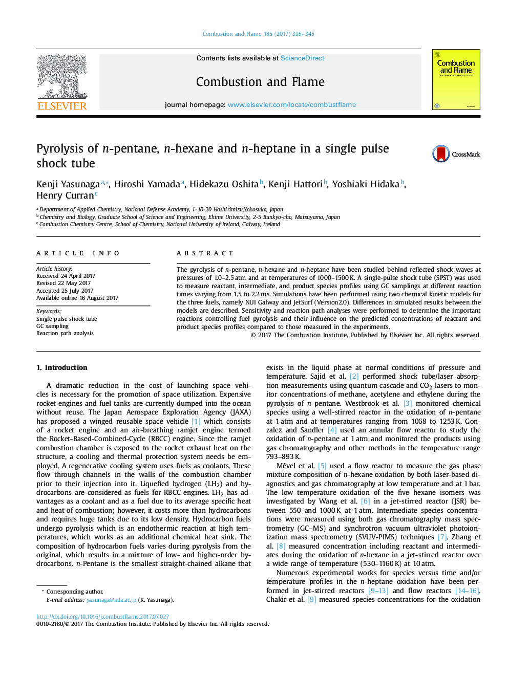 Pyrolysis of n-pentane, n-hexane and n-heptane in a single pulse shock tube