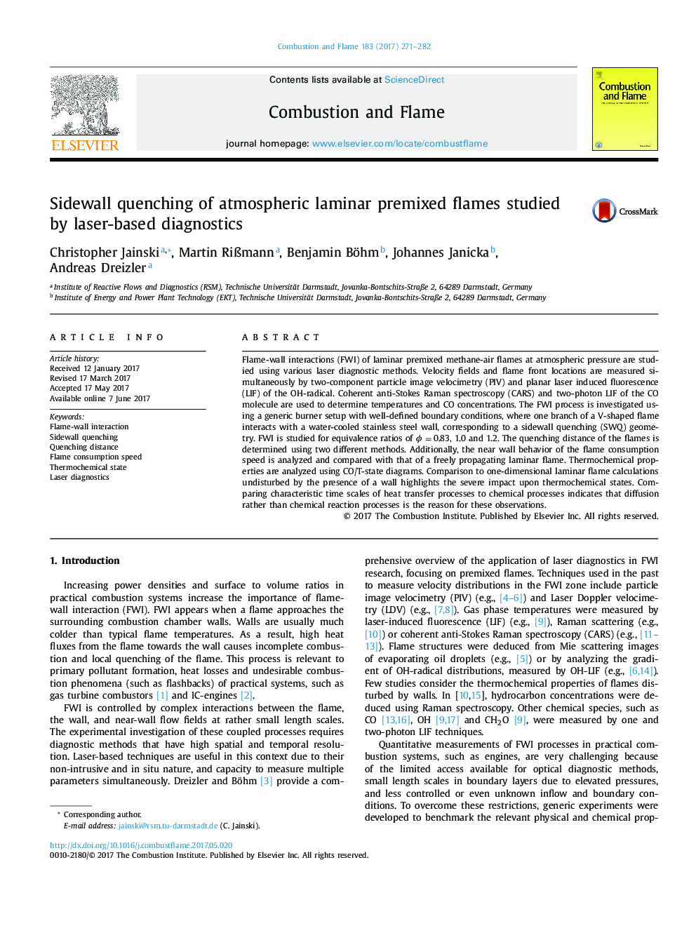 Sidewall quenching of atmospheric laminar premixed flames studied by laser-based diagnostics