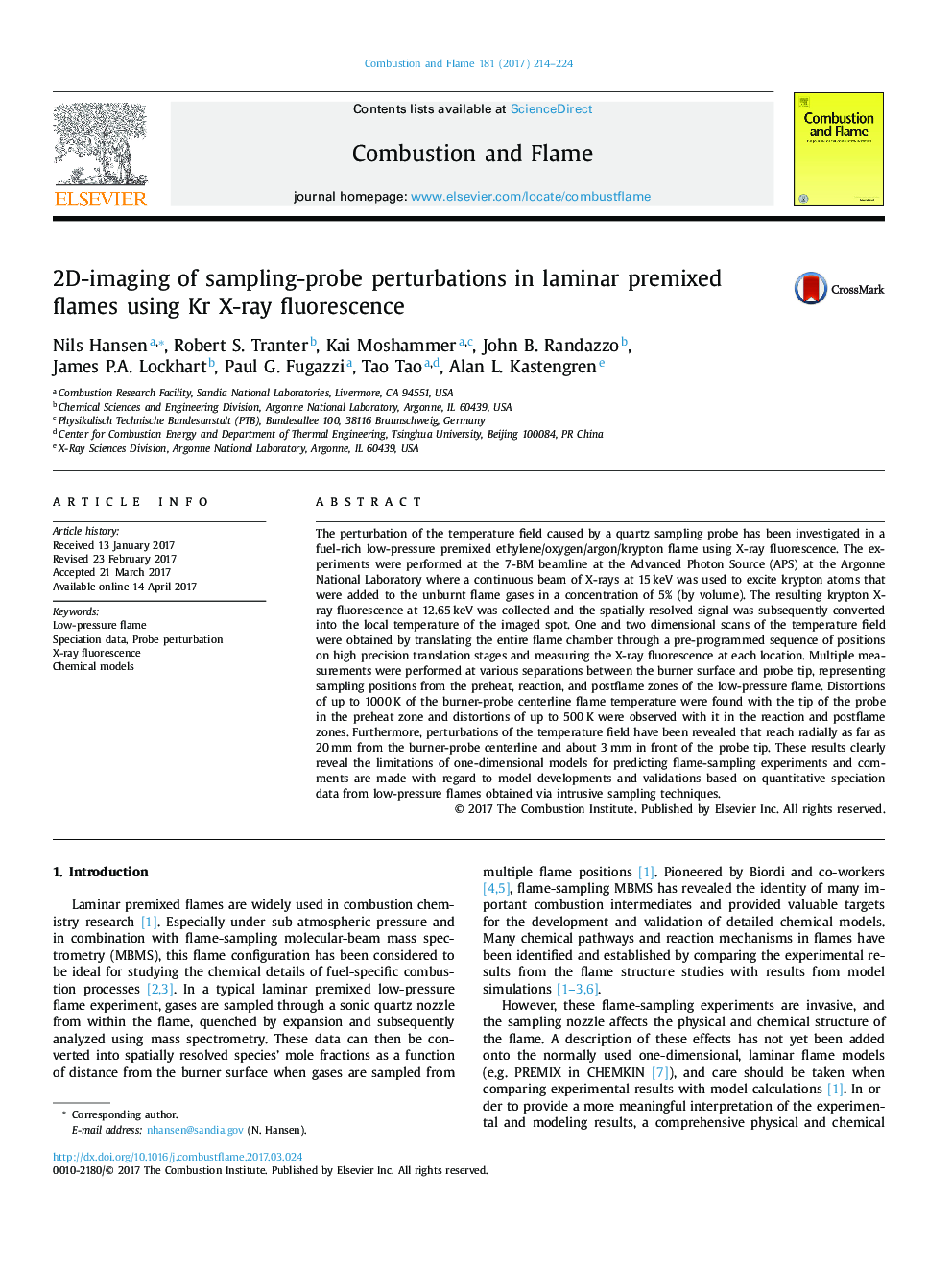 2D-imaging of sampling-probe perturbations in laminar premixed flames using Kr X-ray fluorescence
