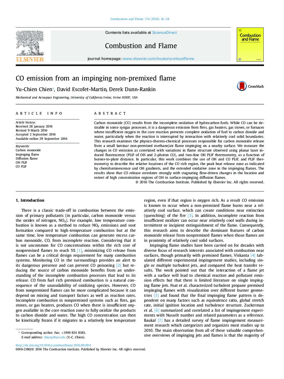 CO emission from an impinging non-premixed flame