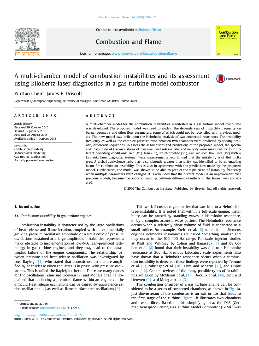 A multi-chamber model of combustion instabilities and its assessment using kilohertz laser diagnostics in a gas turbine model combustor