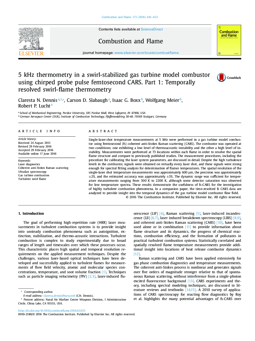 5 kHz thermometry in a swirl-stabilized gas turbine model combustor using chirped probe pulse femtosecond CARS. Part 1: Temporally resolved swirl-flame thermometry