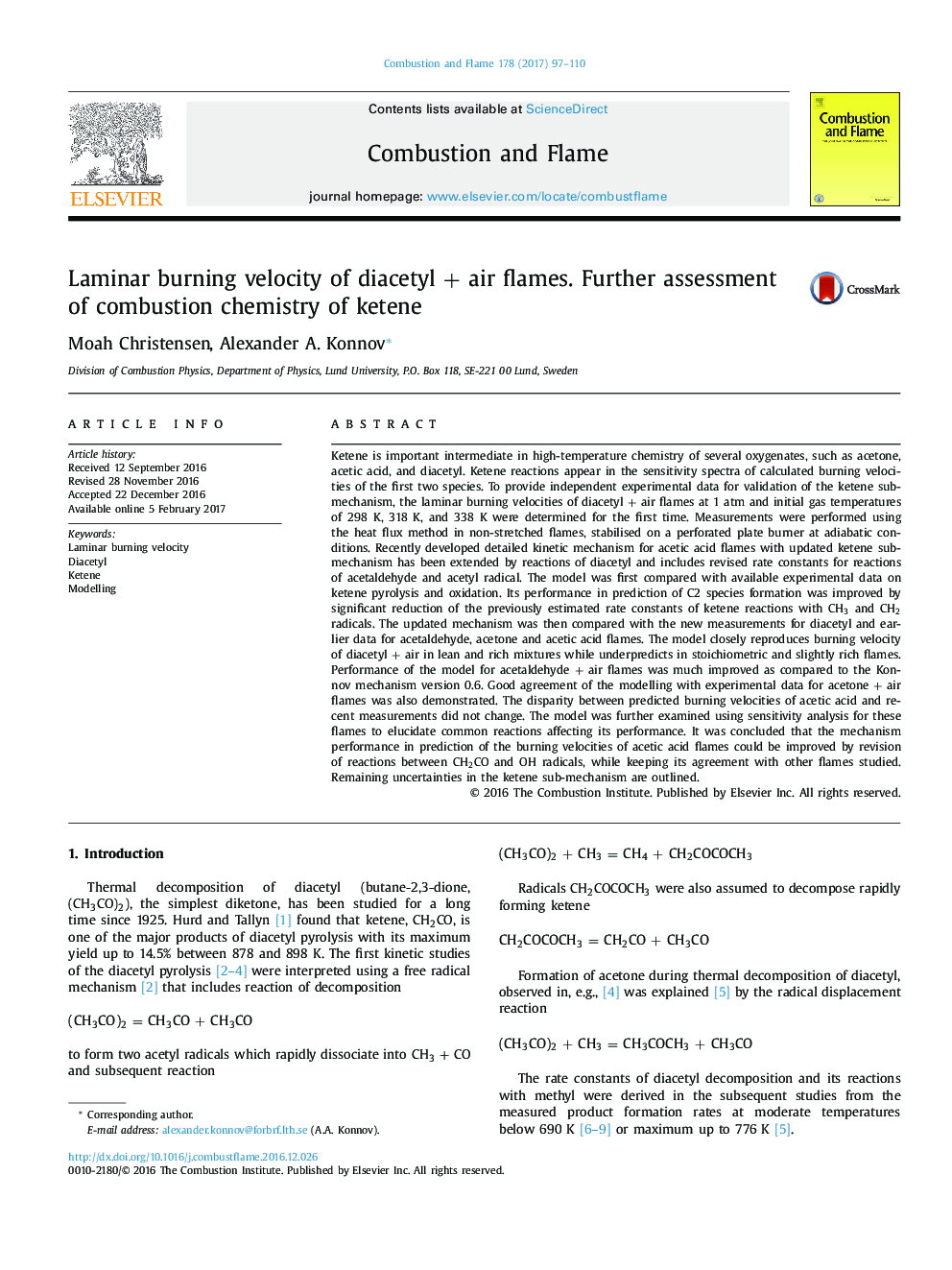 Laminar burning velocity of diacetylÂ +Â air flames. Further assessment of combustion chemistry of ketene