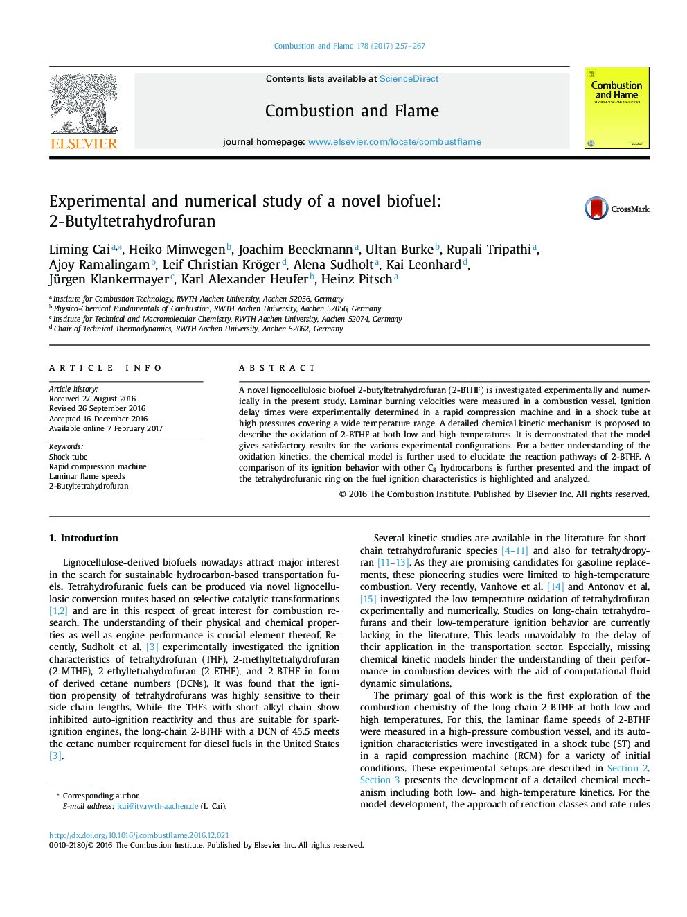 Experimental and numerical study of a novel biofuel: 2-Butyltetrahydrofuran